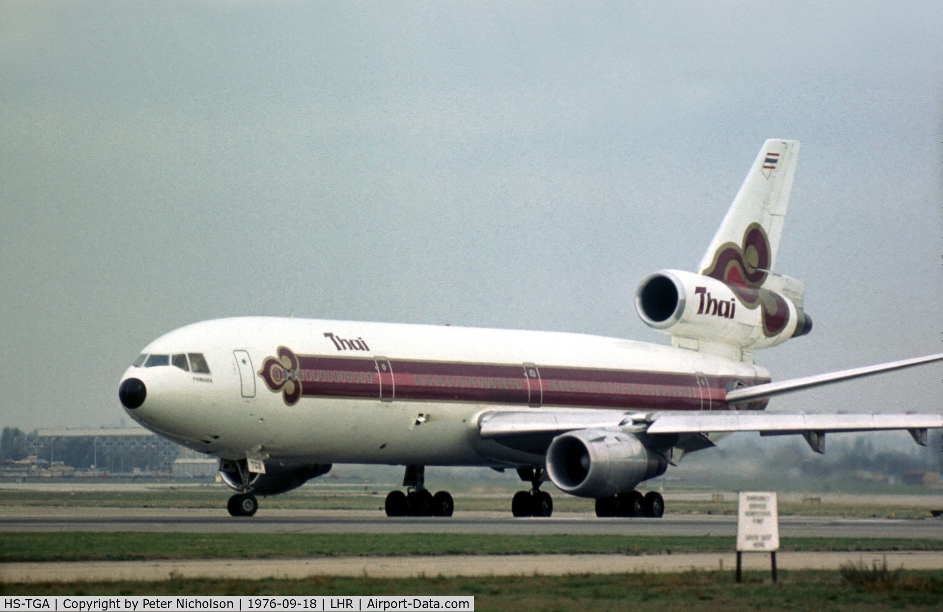 HS-TGA, 1973 Douglas DC-10-30 C/N 46851, Thai Airways Intnl leased this DC-10 from UTA as seen at London Heathrow in the late Summer of 1976.  The same regn was later used for a Boeing 747.