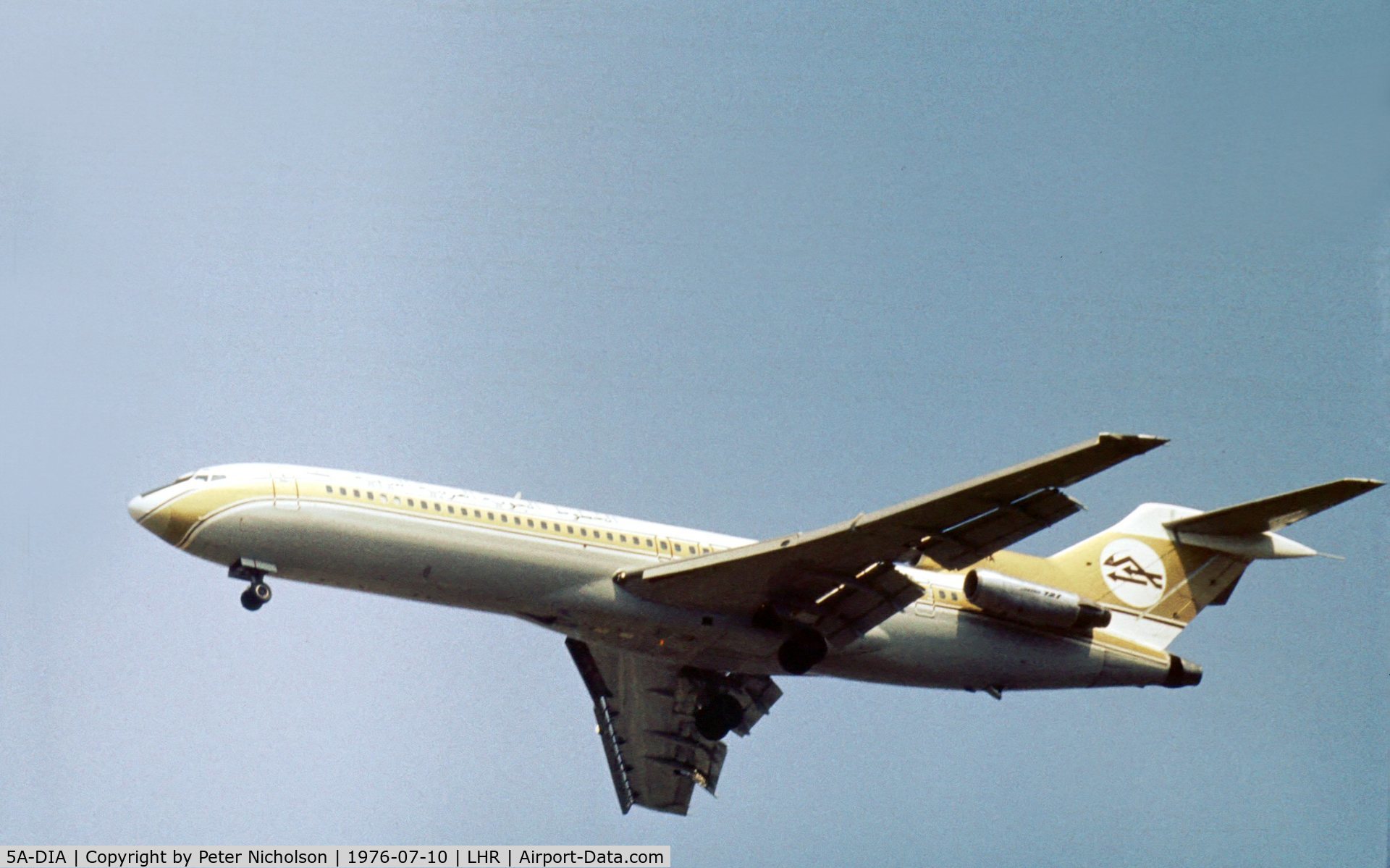 5A-DIA, 1975 Boeing 727-2L5 C/N 21050, Boeing 727-2L5 of Libyan Arab Airlines on final approach to London Heathrow in the Summer of 1976.
