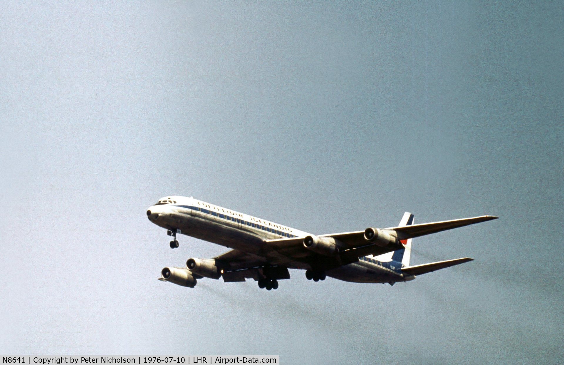 N8641, 1969 Douglas DC-8-63 C/N 46106, DC-8-63, on lease to Loftleidir of Iceland from Seaboard World, on final approach to London Heathrow in the Summer of 1976.