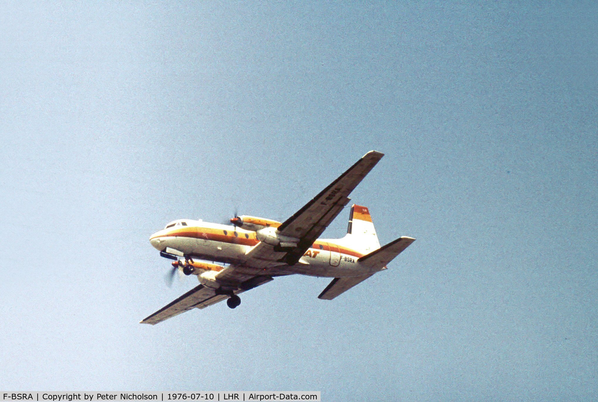 F-BSRA, 1970 Hawker Siddeley HS.748 Series 2A C/N 1678, HS.748 of Touraine Air Transport on final approach to London Heathrow in the Summer of 1976.