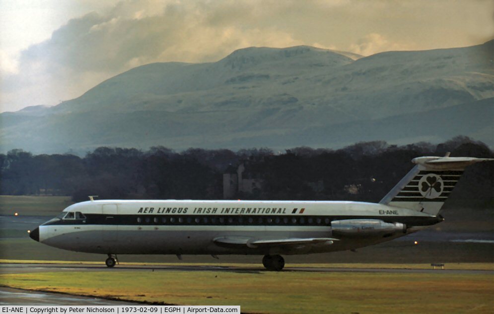 EI-ANE, 1965 BAC 111-208AL One Eleven C/N BAC.049, One Eleven 208AL named St. Mel of Aer Lingus at Edinburgh in February 1973.