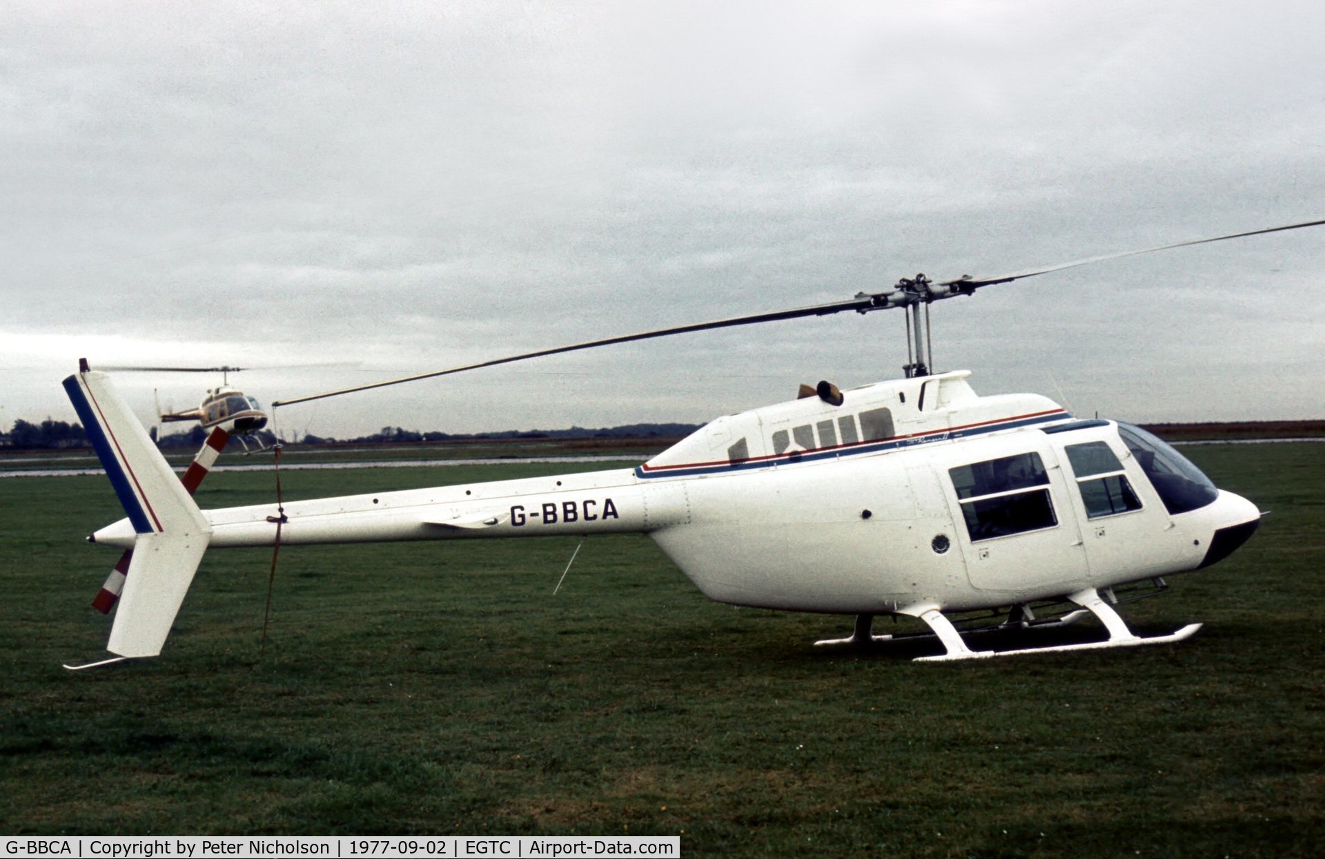 G-BBCA, 1973 Bell 206B JetRanger II C/N 1101, This JetRanger was present at the 1977 Cranfield Business & Light Aviation Show.
