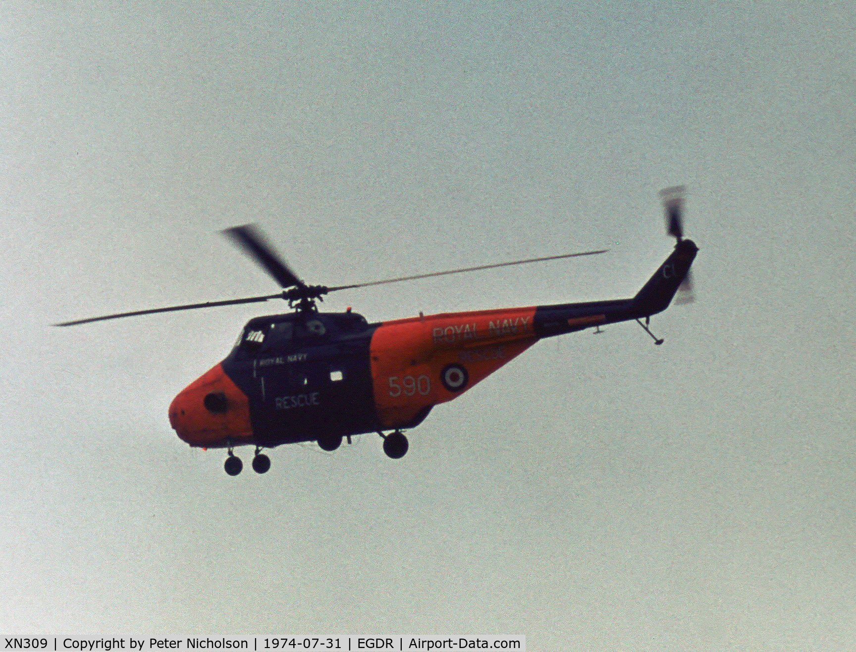 XN309, 1960 Westland Whirlwind HAR.9 C/N WA289, Whirlwind HAR.9 of the Culdrose Search & Rescue Flight at the 1974 Culdrose Airshow.