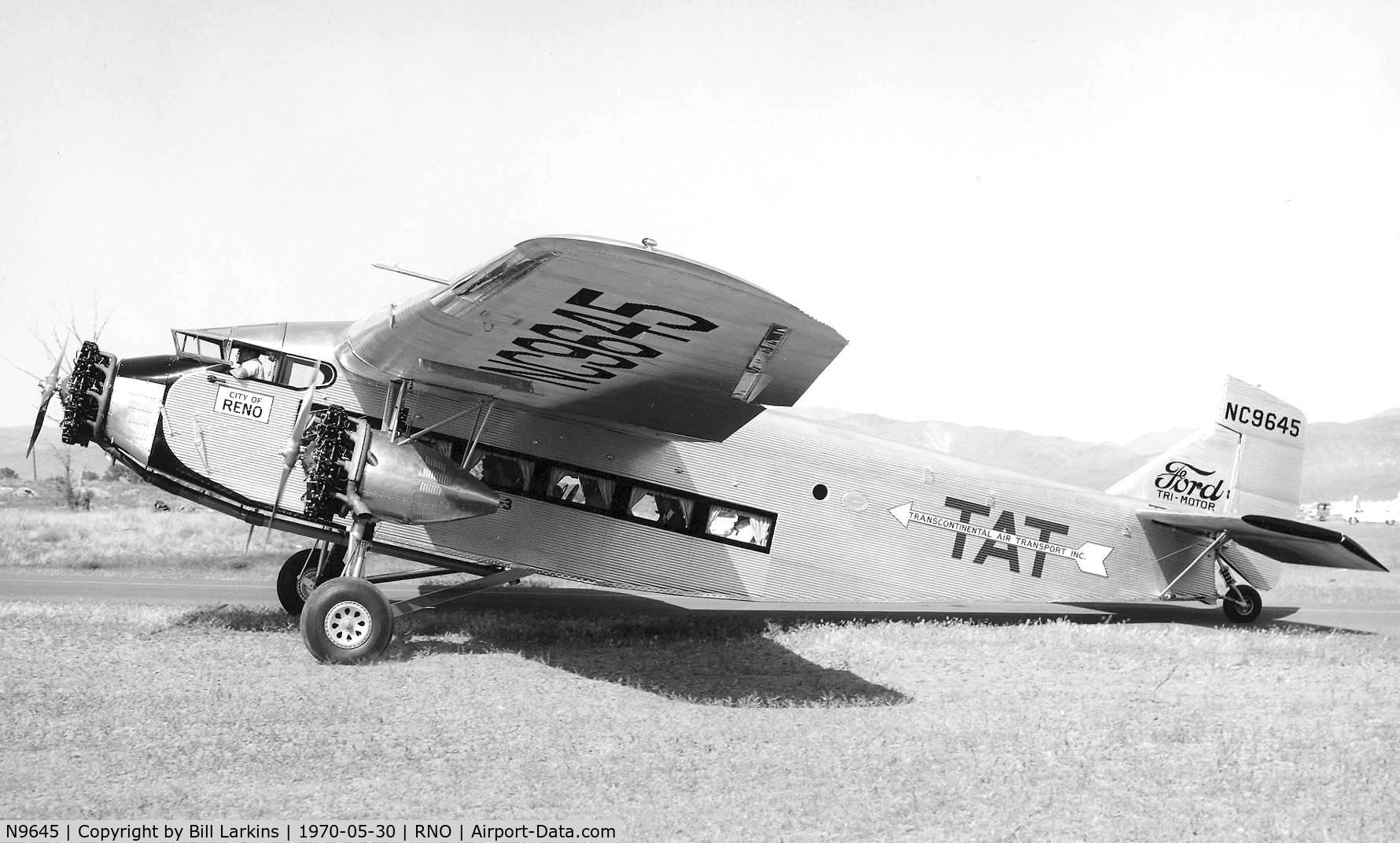 N9645, 1928 Ford 5-AT-B Tri-Motor C/N 8, Reno, May 30, 1970. First official flights the next day after years of reconstruction by Harrah's shop.