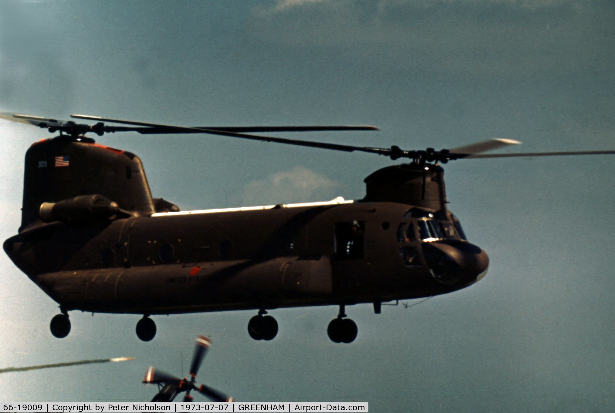 66-19009, 1966 Boeing Vertol CH-47A Chinook C/N B.267, CH-47A Chinook of the US Army's 180th Aviation Company on display at the 1973 Intnl Air Tattoo at RAF Greenham Common.