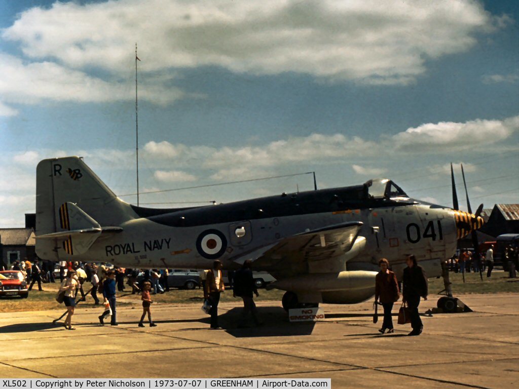 XL502, 1961 Fairey Gannet AEW.3 C/N F9461, Gannet AEW.3 of 849 Squadron was in the static park of the 1973 Intnl Air Tattoo at RAF Greenham Common.