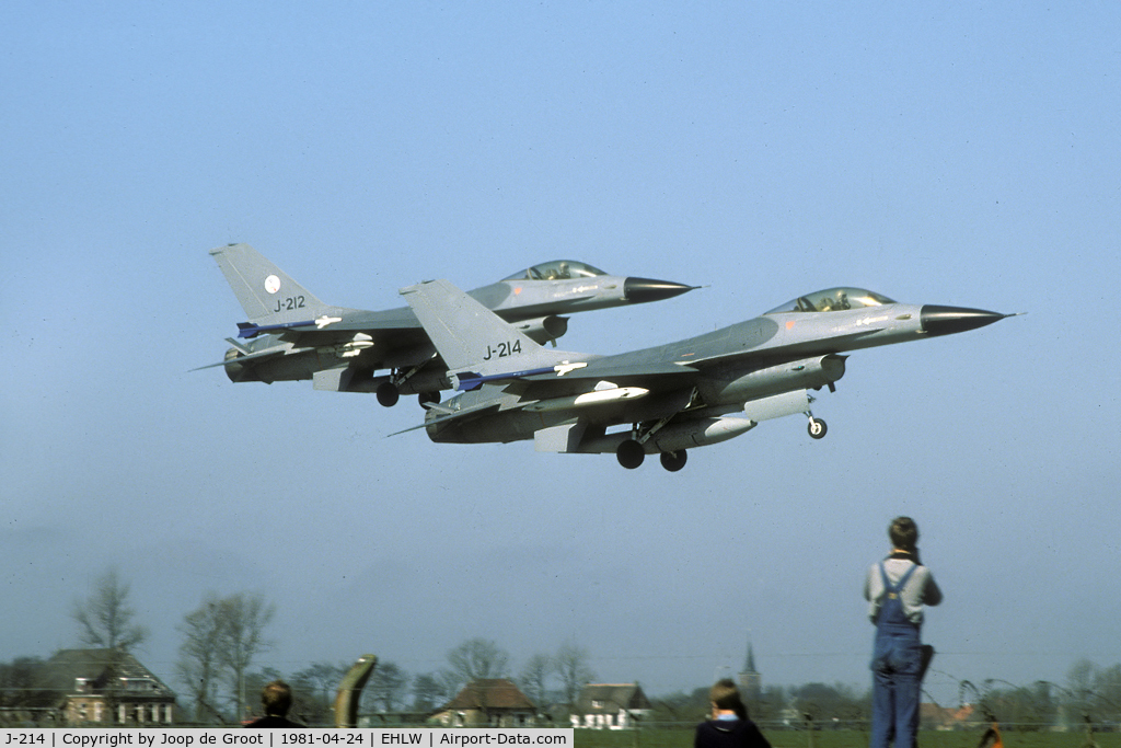 J-214, 1979 Fokker F-16A Fighting Falcon C/N 6D-3, very early shot of two landing F-16's. Not the black noses.