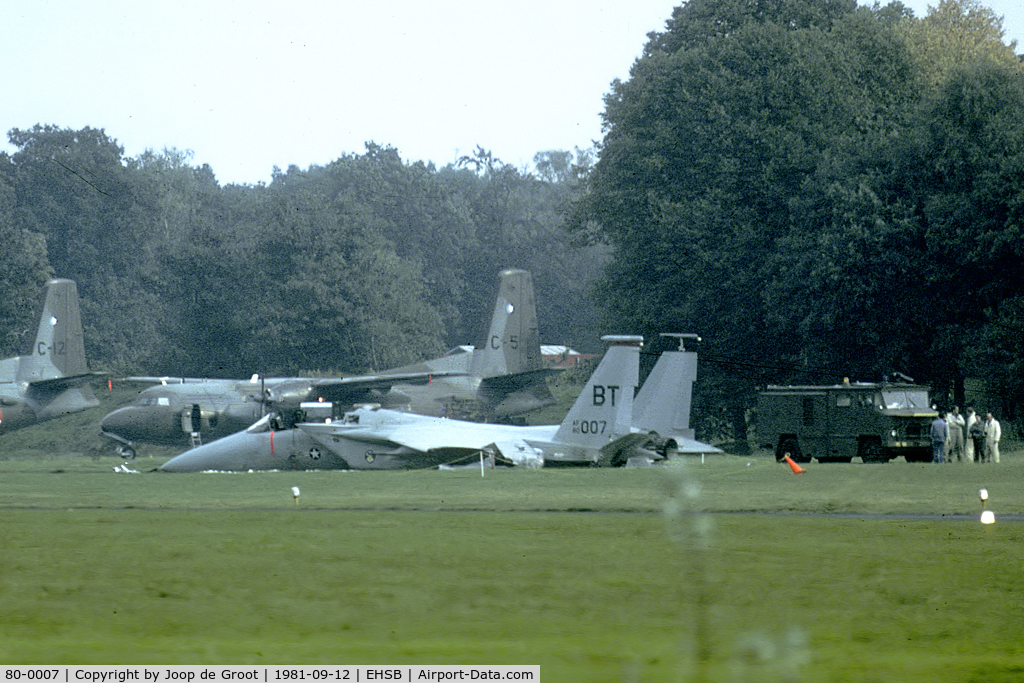 80-0007, 1980 McDonnell Douglas F-15C Eagle C/N 0642/C156, During an upcoming thunderstorm this Eagle hit turbulence during landing and smashed to the ground. The pilot escaped unharmed but the brand new aircraft was a write off.