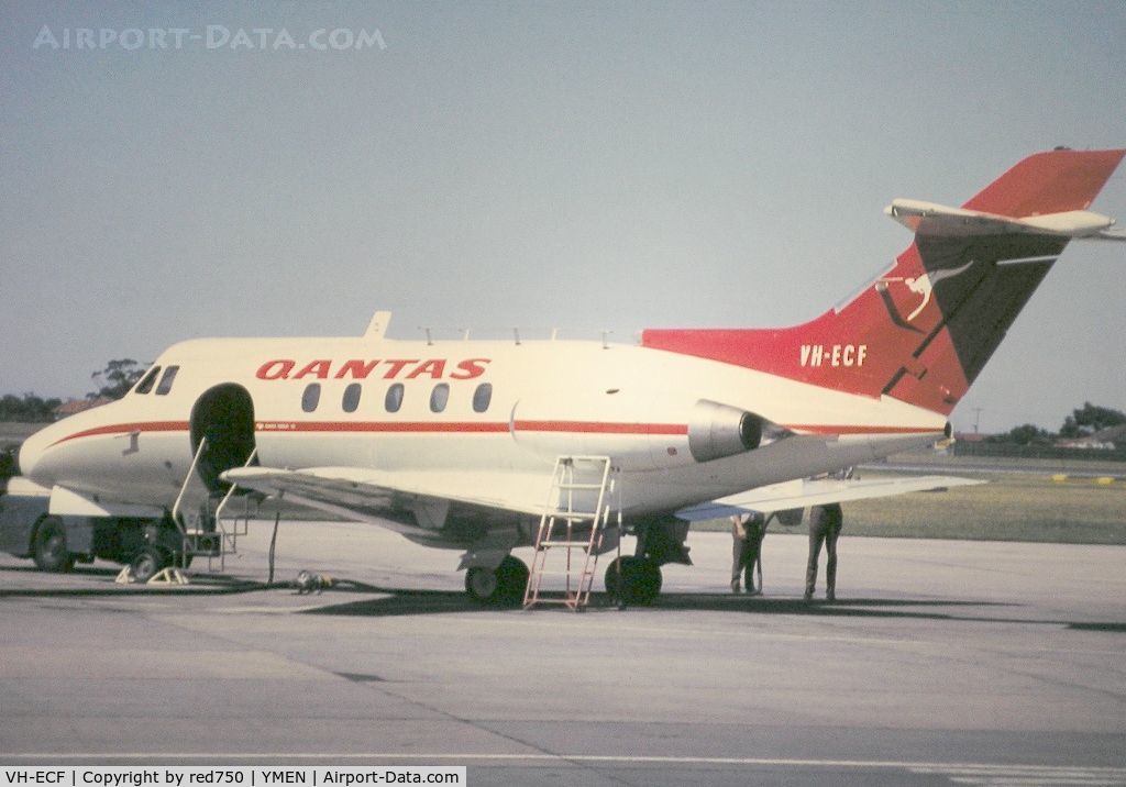 VH-ECF, 1965 Hawker Siddeley HS.125 Series 3B C/N 25069, The smallest jet operated by QANTAS - HS125-3B. Cockpit configured as a B707 for pilot training - before simulators. From a colour transparency taken in 1968.