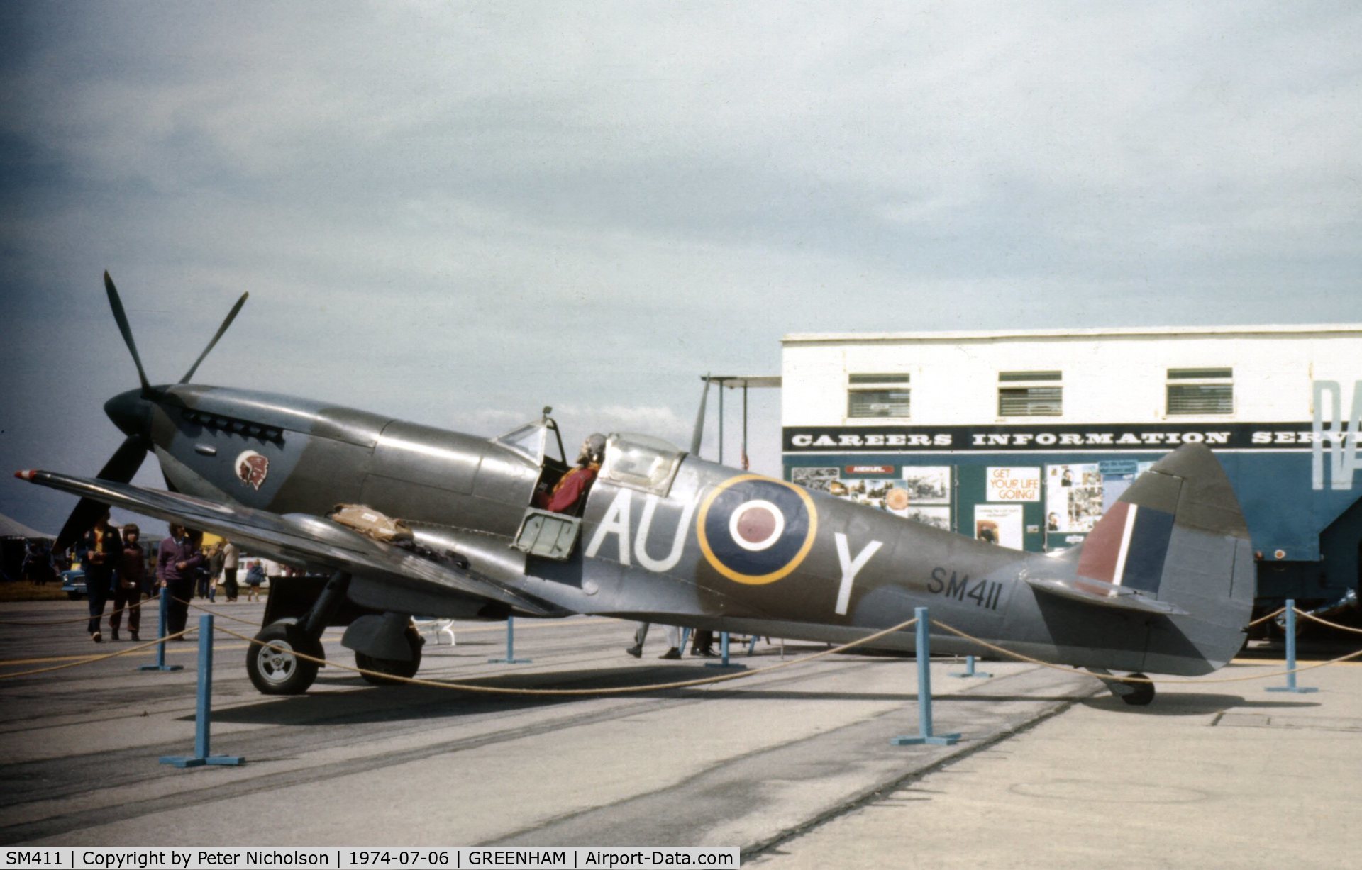 SM411, 1941 Supermarine 361 Spitfire LF.XVIe C/N CBAF.IX.3495, Spitfire LF.XVIe of No.71 Maintenance Unit at the 1974 Intnl Air Tattoo at RAF Greenham Common.