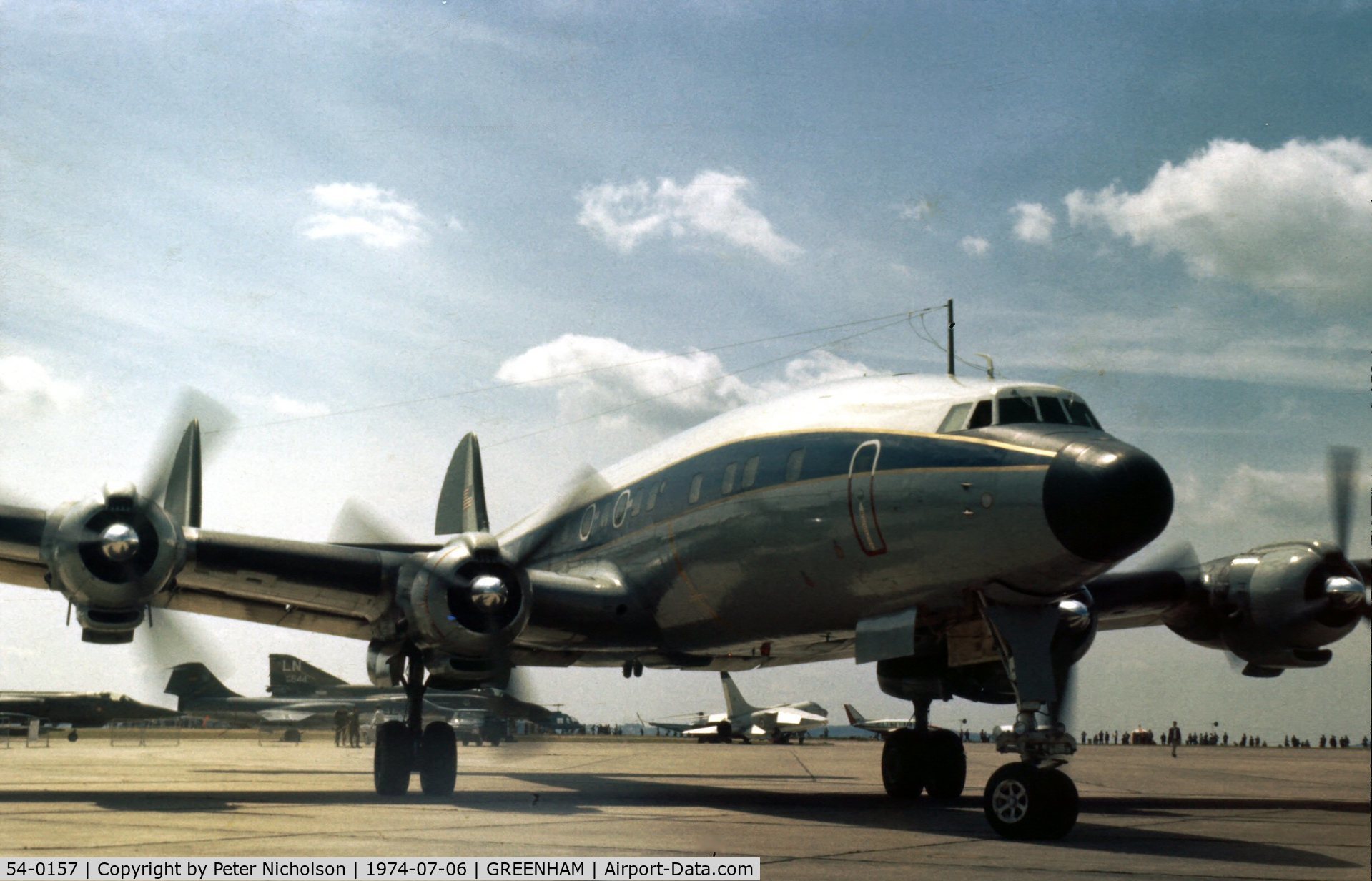 54-0157, 1955 Lockheed L-1049F Super Constellation C/N 4176, Another view of the C-121C, callsign Runt 05, of Pennsylvanian ANG's 193rd Tactical Electronic Warfare Squadron on display at the 1974 Intnl Air Tattoo at RAF Greenham Common.