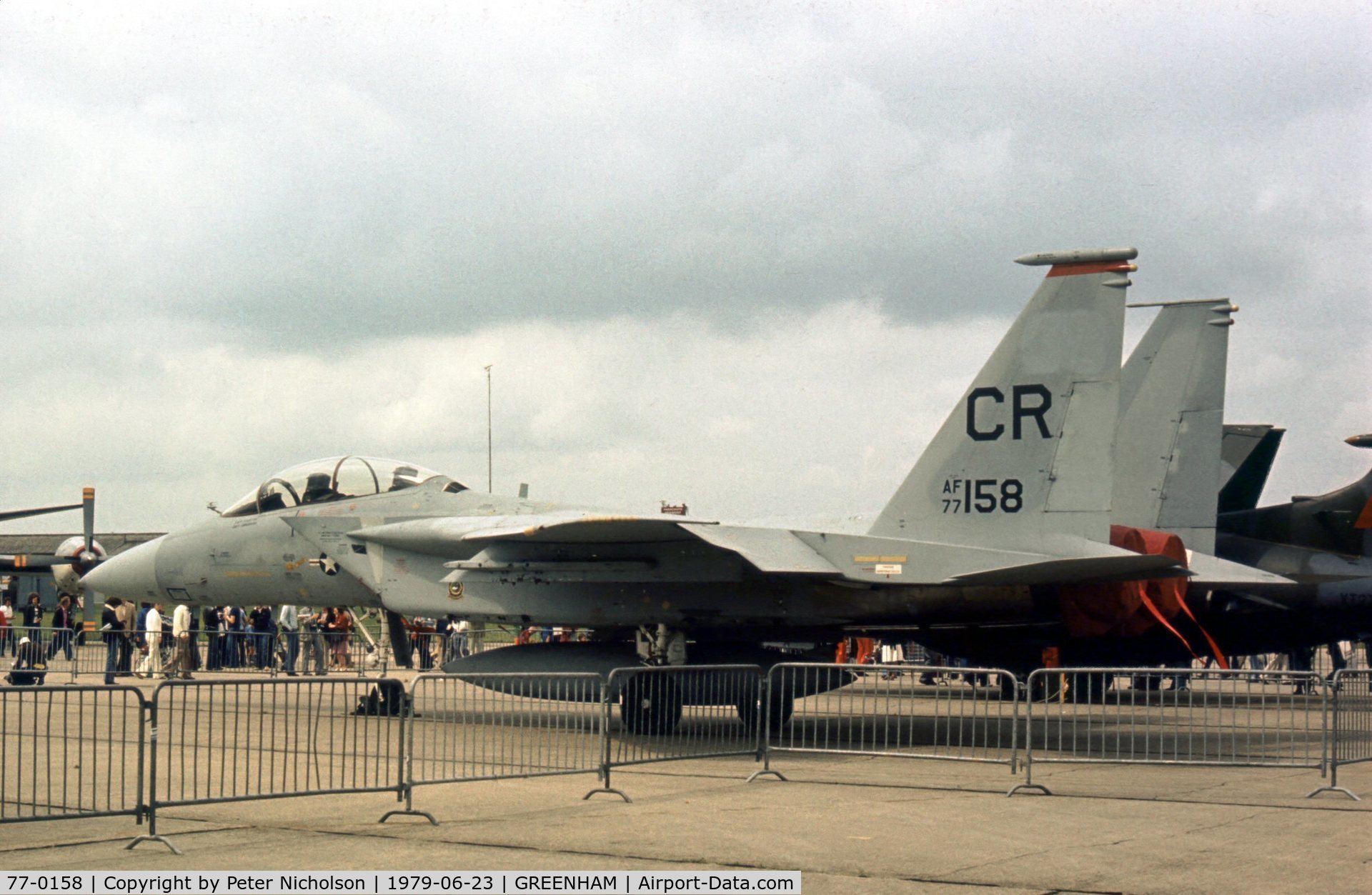 77-0158, 1977 McDonnell Douglas F-15B Eagle C/N 0373/B049, Another view of the 32nd Tactical Fighter Squadron's F-15B Eagle at the 1979 Intnl Air Tattoo at RAF Greenham Common.