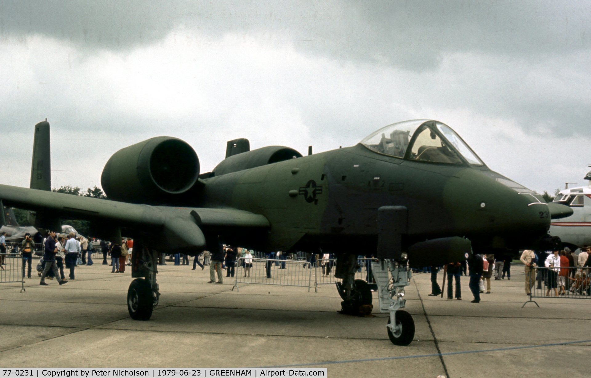 77-0231, 1977 Fairchild Republic A-10A Thunderbolt II C/N A10-0156, A-10A Thunderbolt of the 81st Tactical Fighter Wing on display at the 1979 Intnl Air Tattoo at RAF Greenham Common.