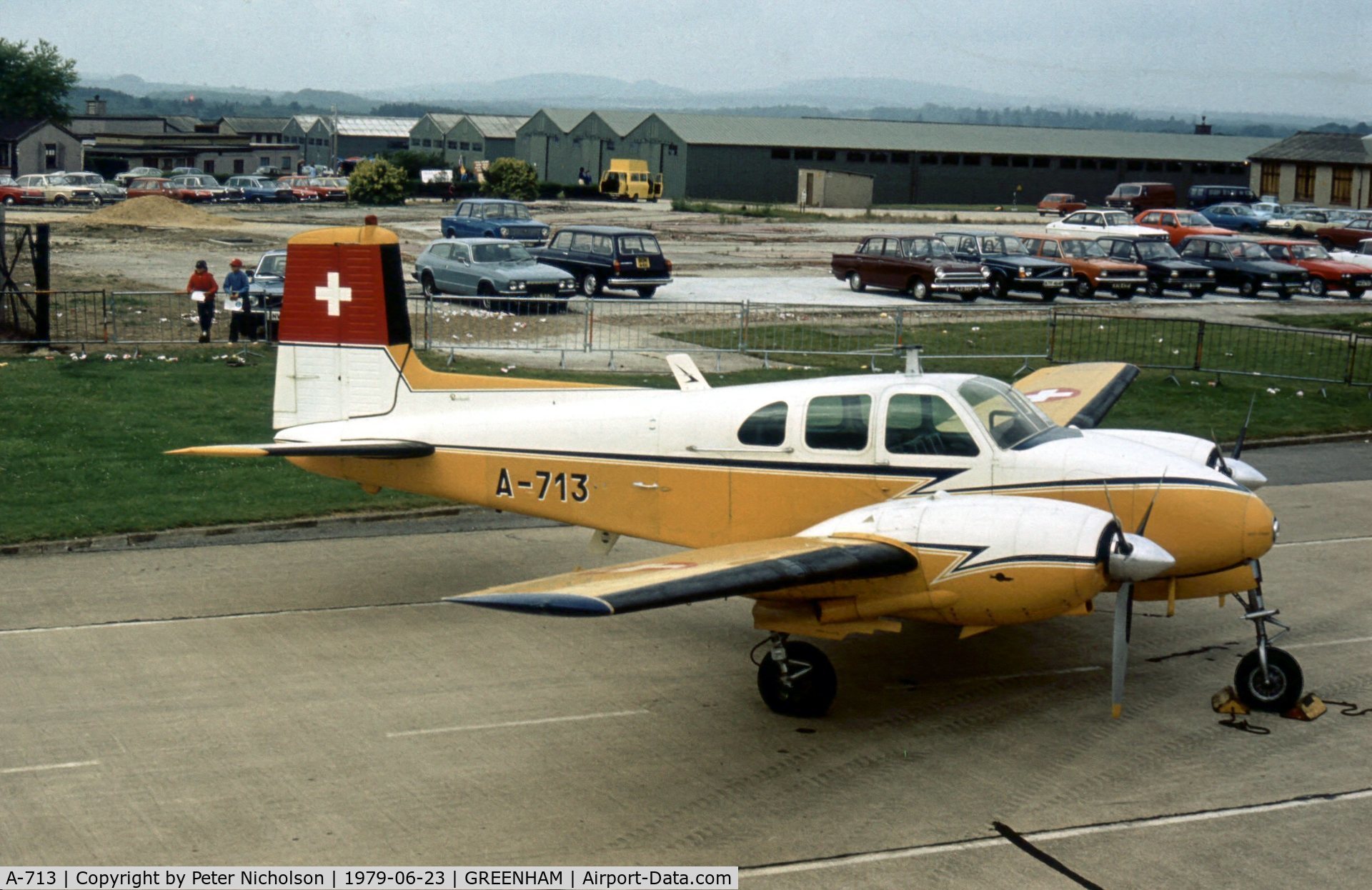 A-713, 1957 Beech E50 Twin Bonanza C/N EH-58, This Swiss Air Force Beech Twin Bonanza attended the 1979 Intnl Air Tattoo at RAF Greenham Common.