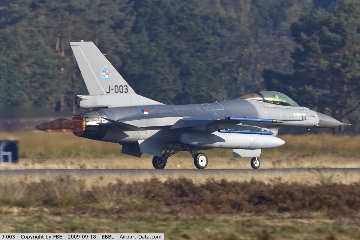 J-003, Fokker F-16AM Fighting Falcon C/N 6D-159, take off roll to another mission from Kleine Brogel Air Base