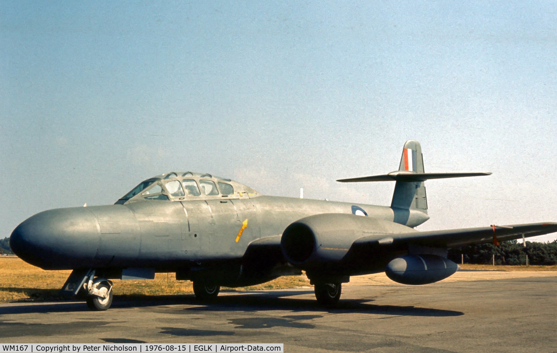 WM167, 1952 Gloster Meteor TT.20 C/N S4/U/2342, Now flown as NF.11, this Meteor TT.20 was seen at the Blackbushe Fly-In in the Summer of 1976.