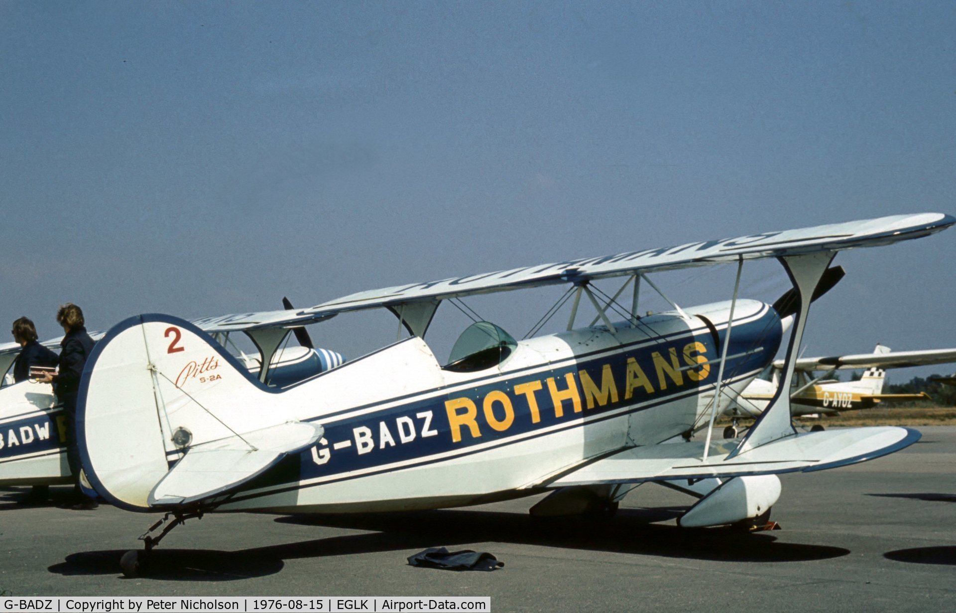 G-BADZ, 1972 Aerotek Pitts S-2A Special C/N 2038, Pitts S-2A of the Rothmans Aerobatic Display Team at the 1976 Blackbushe Fly-In.