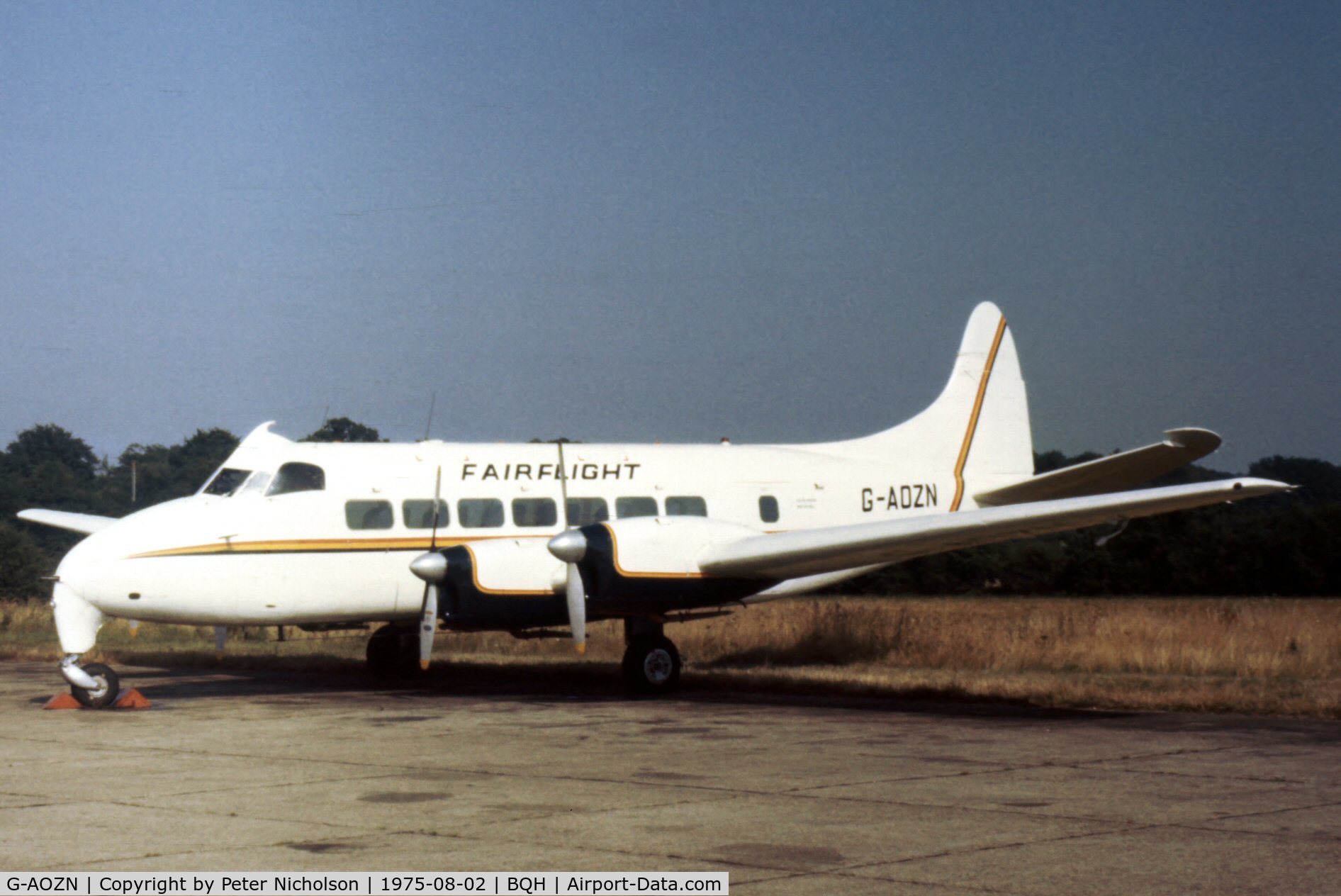 G-AOZN, 1952 De Havilland DH.114 Heron 1B C/N 14005, Heron 1B of Fairflight Charters at Biggin Hill in the Summer of 1975.