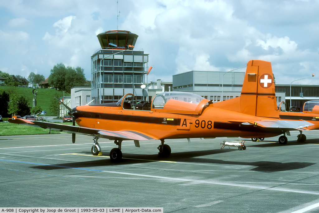 A-908, 1982 Pilatus PC-7 Turbo Trainer C/N 316, Seen during a base visit to Emmen. The flightlines were packed with aircraft than.