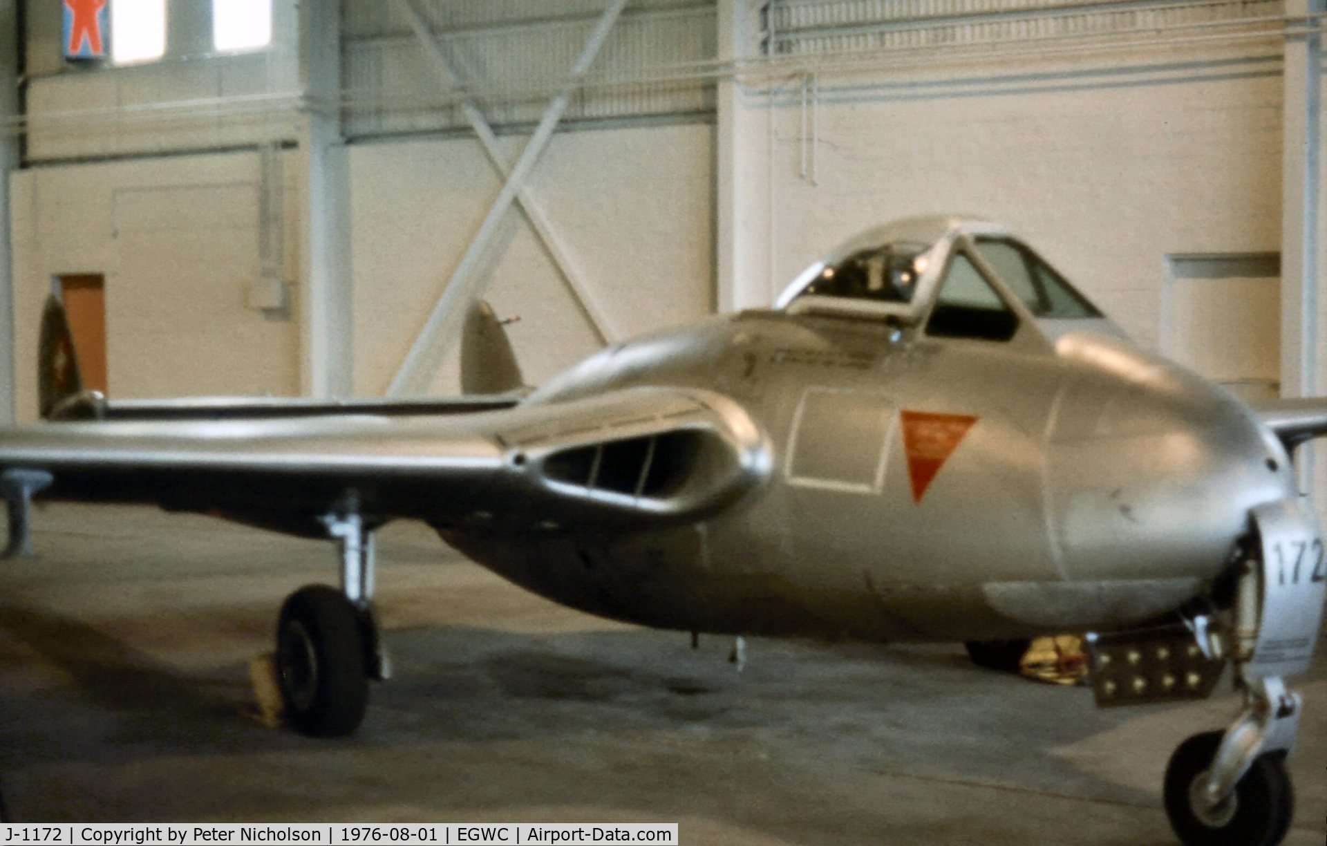 J-1172, De Havilland (FFA) Vampire FB6 (DH-100) C/N 681, This ex-Swiss Air Force Vampire FB.6, now with the RAF Museum Reserve Collection, was displayed at Cosford in the Summer of 1976.