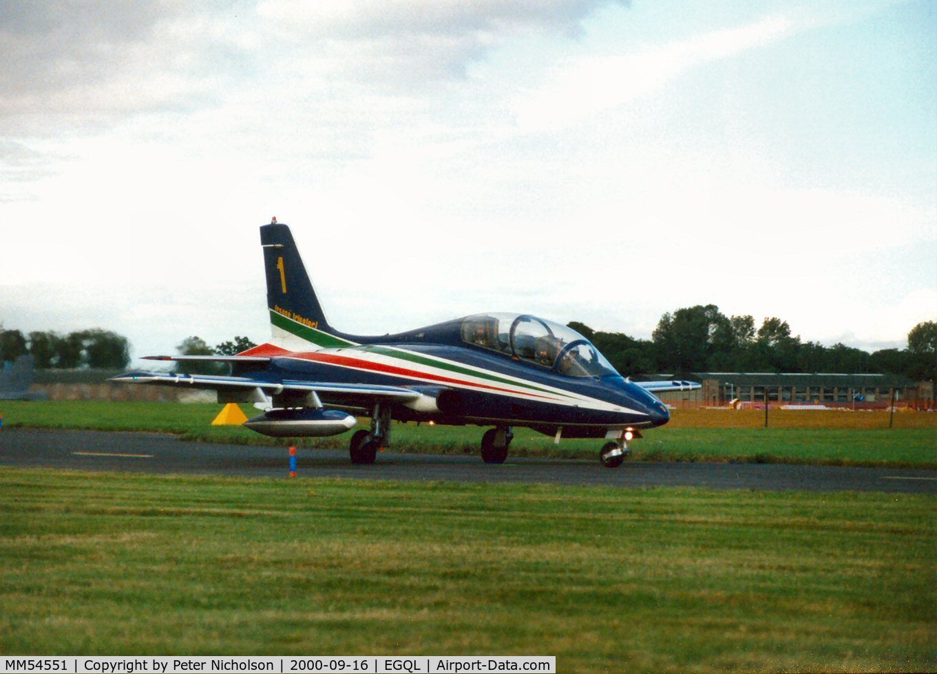 MM54551, Aermacchi MB-339PAN C/N 6772/167/AD018, Lead aircraft number 1 of the Italian Air Force's Frecce Tricolori taxying at the 2000 Leuchars Airshow.