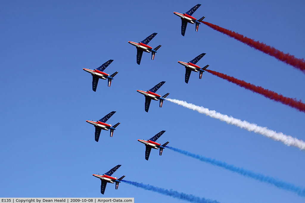 E135, Dassault-Dornier Alpha Jet E C/N E135, Patrouille de France, the French Air Force aerobatic team, performing a flyover of the Yorktown Victory Monument in Yorktown, VA to signify the age-old alliance between the United States and France that traces its roots to the Revolutionary War.
