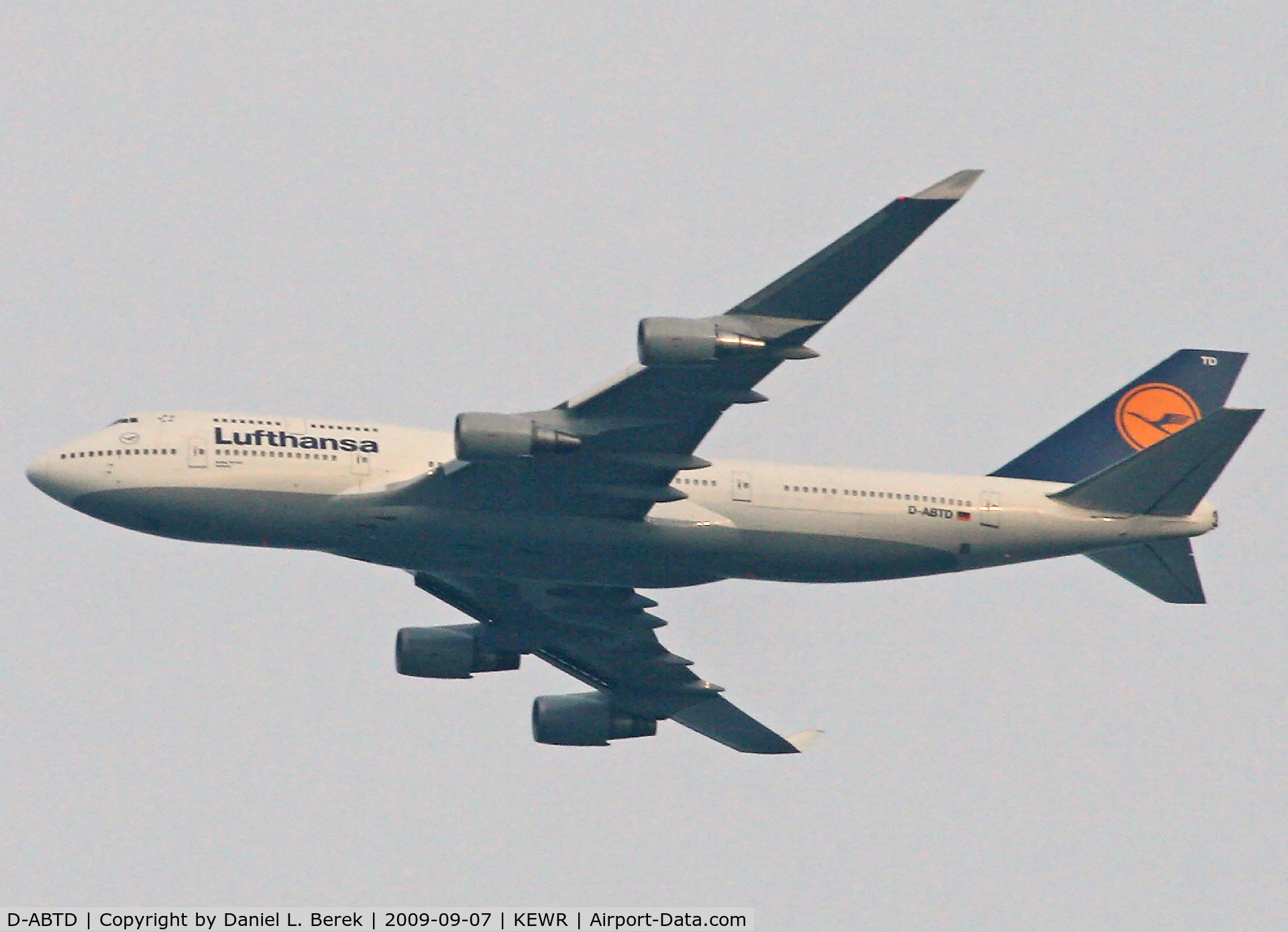 D-ABTD, 1990 Boeing 747-430M C/N 24715, A sleek German Jumbo climbs out of Newark on its way to Frankfurt.