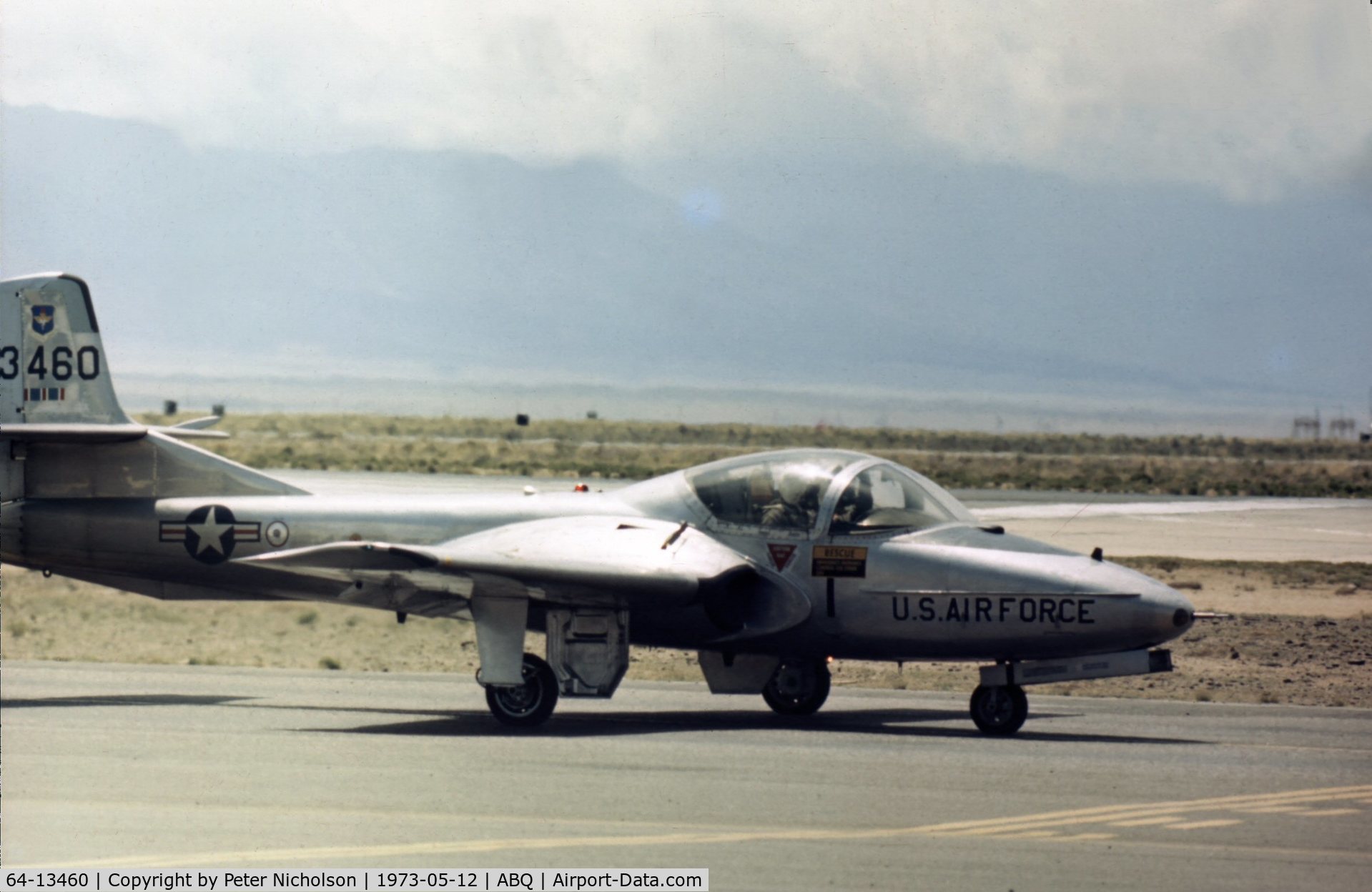 64-13460, 1964 Cessna T-37B Tweety Bird C/N 40875, Cessna T-37B taxying to the active runway at Albuquerque in May 1973.