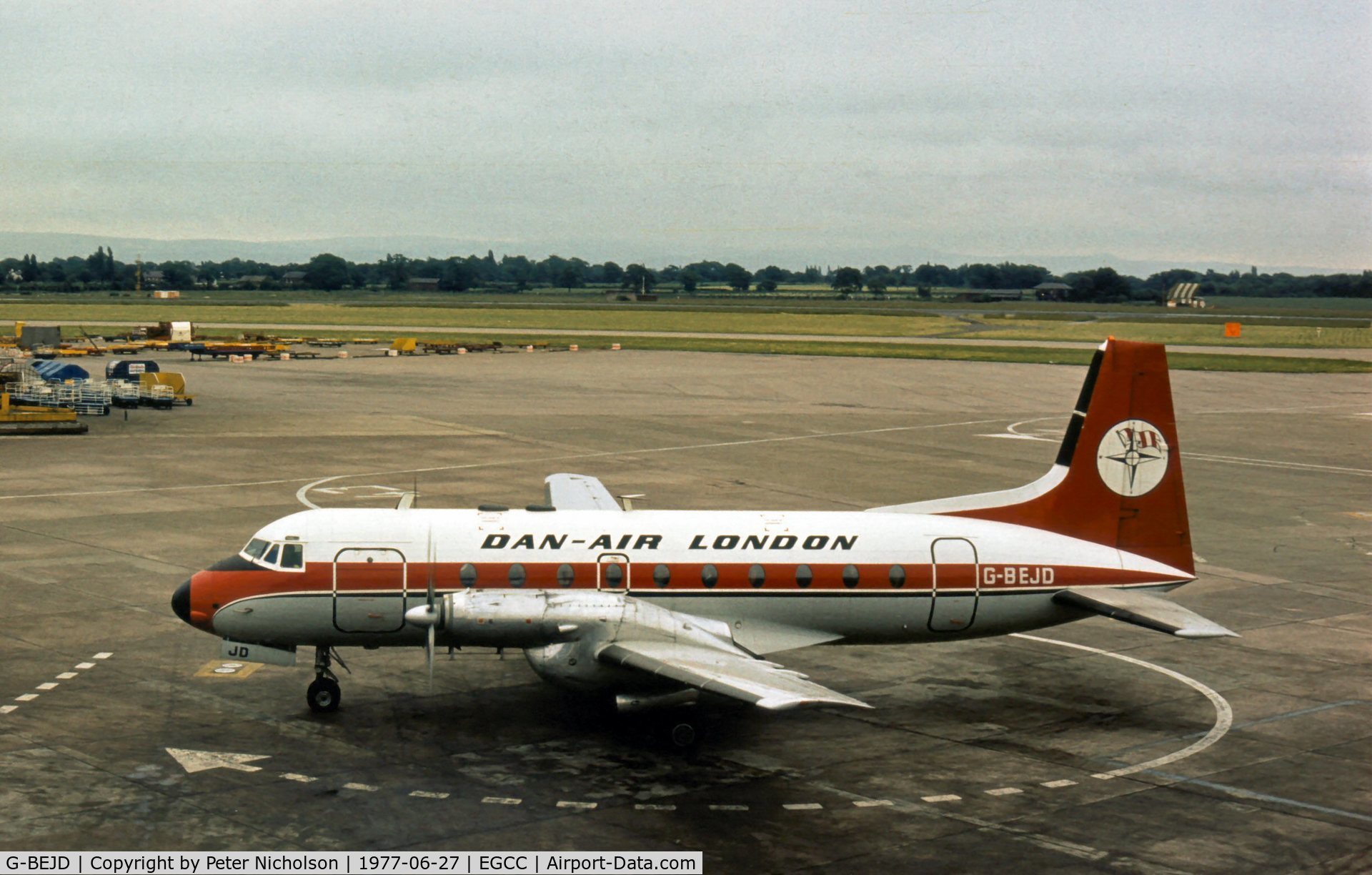 G-BEJD, 1961 Hawker Siddeley 748-105 Sr 1 C/N 1543, HS.748 of Dan-Air Services Ltd at Manchester in the Summer of 1977.