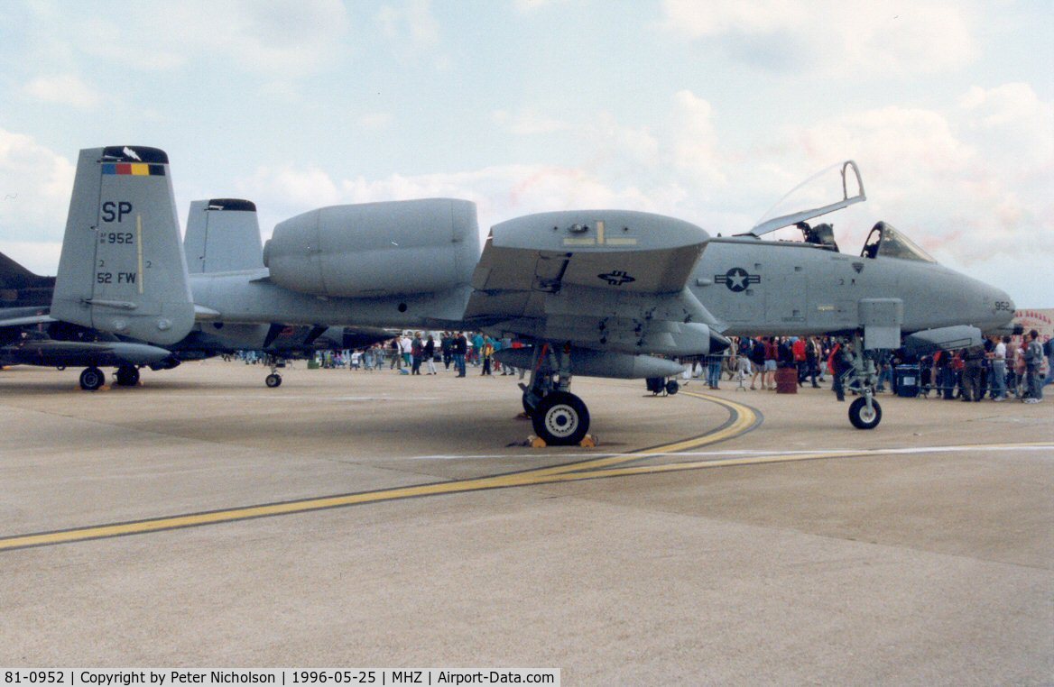 81-0952, 1981 Fairchild Republic A-10A Thunderbolt II C/N A10-0647, A-10A Thunderbolt of 81st Fighter Squadron/52nd Fighter Wing with special markings for the Wing Commander on display at the 1996 Mildenhall Air Fete.