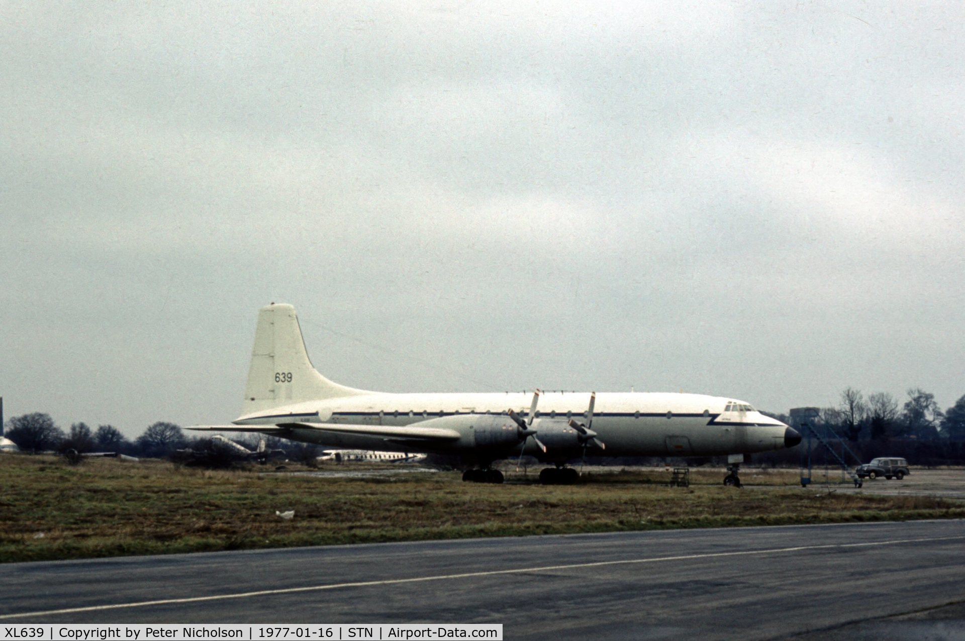 XL639, 1960 Bristol Britannia C.1 (175 Britannia 253F) C/N 13448, Britannia C.1 XL 639 seen at Stansted in January 1977 became EI-BDC and later G-BRAC