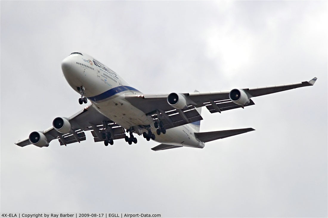 4X-ELA, 1994 Boeing 747-458 C/N 26055, Boeing 747-458 [26055] (El Al-Israel Airlines)  Home~G 17/08/2009. On approach 27R Heathrow. Wearing Anniversary titles.