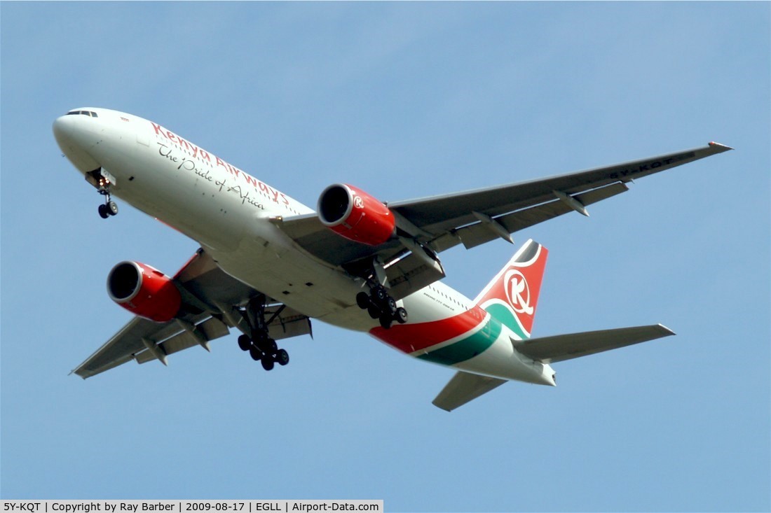 5Y-KQT, 2005 Boeing 777-2U8/ER C/N 33682, Boeing 777-2U8ER [33682] (Kenya Airways) Home~G 17/08/2009. On approach 27R Heathrow.
