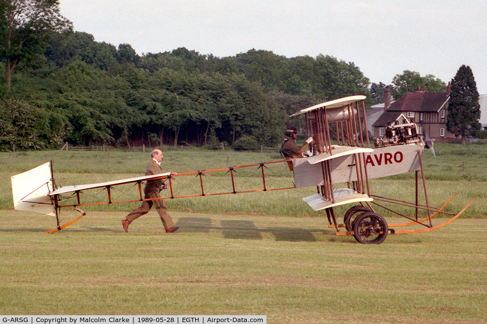 G-ARSG, 1964 Avro Roe Triplane Type IV replica C/N TRI.1, Avro Triplane IV (replica). During De Havilland Day at The Shuttleworth Trust, Old Warden, in 1989.