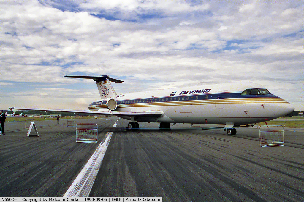 N650DH, 1966 BAC 111-401AK One-Eleven C/N BAC.059, BAC 1-11 401/AK. Converted from a BAC 111-401AK by The Dee Howard Co, fitted with quieter Rolls Royce Tay 650 engines. At ABC Farnborough 1990.