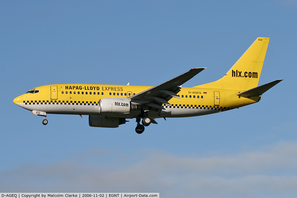 D-AGEQ, 1998 Boeing 737-75B C/N 28103, Boeing 737-75B. On approach to Rwy 25 at Newcastle Airport.
