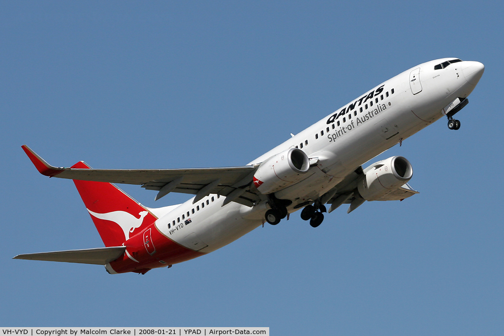 VH-VYD, 2005 Boeing 737-838 C/N 33992, Boeing 737-838 taking off from Adelaide International Airport.