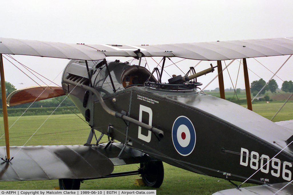 G-AEPH, 1918 Bristol F.2B Fighter C/N 7575, Bristol Fighter F2B. During 'Flying in the Evening Air' at The Shuttleworth Trust, Old Warden, Beds, UK in 1989.