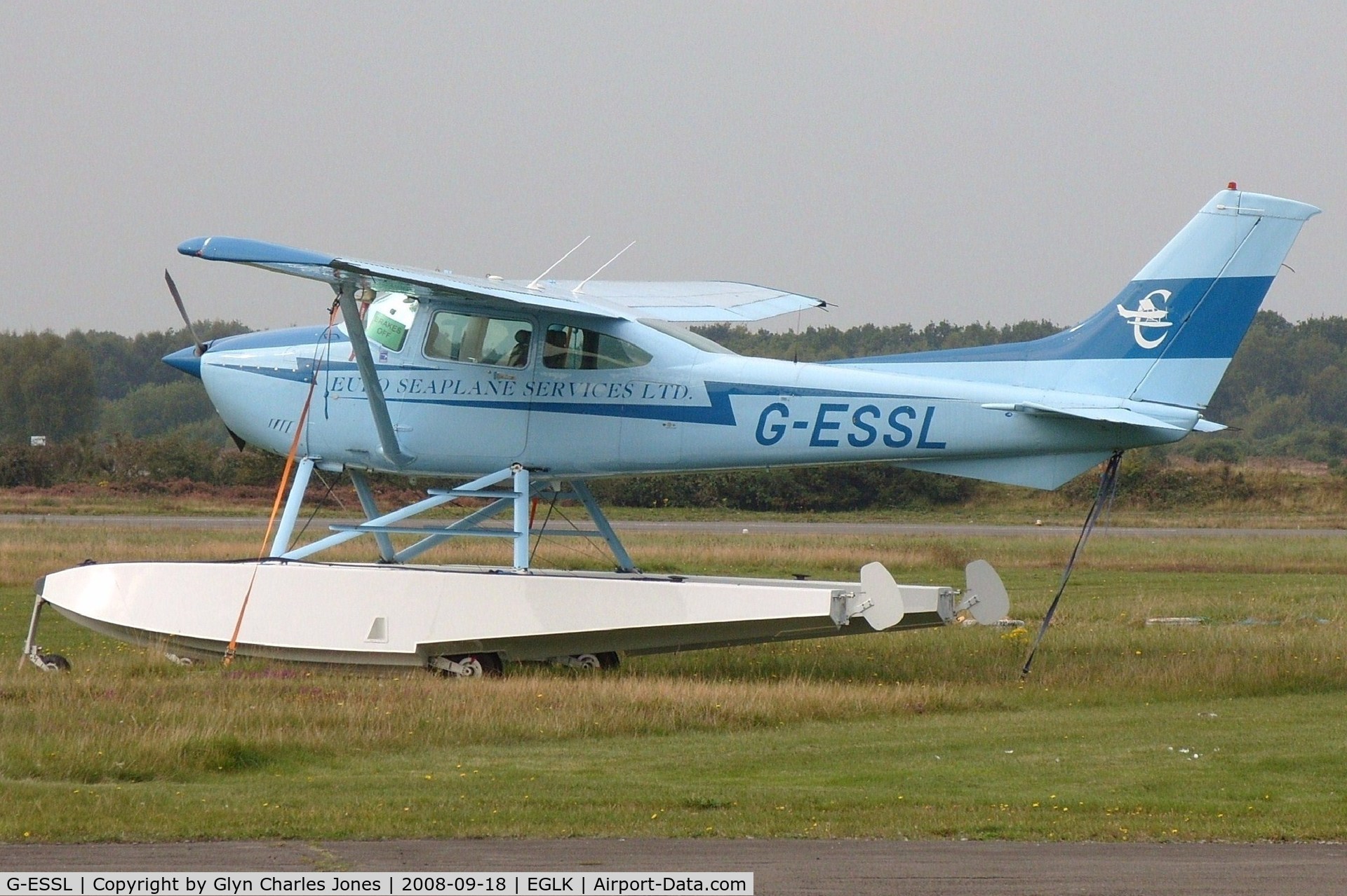 G-ESSL, 1981 Cessna 182R Skylane C/N 182-67947, An amphibian on dry land, 'brakes off' notice in cockpit! Previously D-EIMP and PH-AXP. Operated by Euro Seaplane Services Ltd.