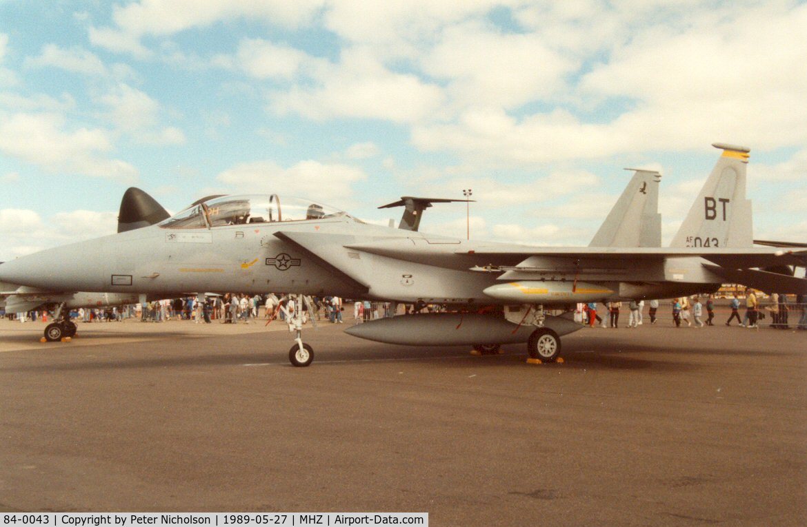 84-0043, 1984 McDonnell Douglas F-15D Eagle C/N 0915/D051, Another view of the Bitburg F-15D Eagle from the 53rd Tactical Fighter Squadron/36th Tactical Fighter Wing on display at the 1989 Mildenhall Air Fete.