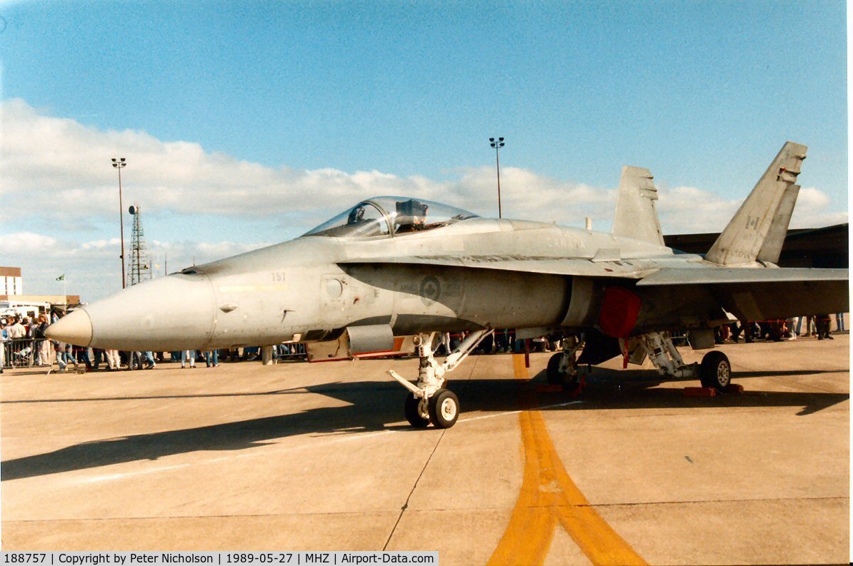 188757, McDonnell Douglas CF-188A Hornet C/N 0394/A329, CF-18A Hornet of 421 Squadron 1st Canadian Air Group was on display at the 1989 Mildenhall Air Fete.