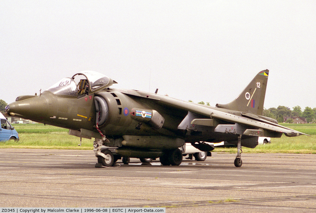 ZD345, 1988 British Aerospace Harrier GR.5 C/N P12, British Aerospace Harrier GR5 from RAF HOCU/No 20(R) Sqn, RAF Wittering at the airshow celebrating the 50th Anniversary of Cranfield's College of Aeronautics in 1996.