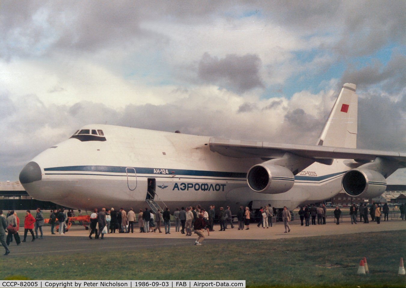 CCCP-82005, 1985 Antonov An-124-100 Ruslan C/N 9773054516003/0107, Antonov An-24 Condor of Aeroflot on display at the 1986 Farnborough Airshow.