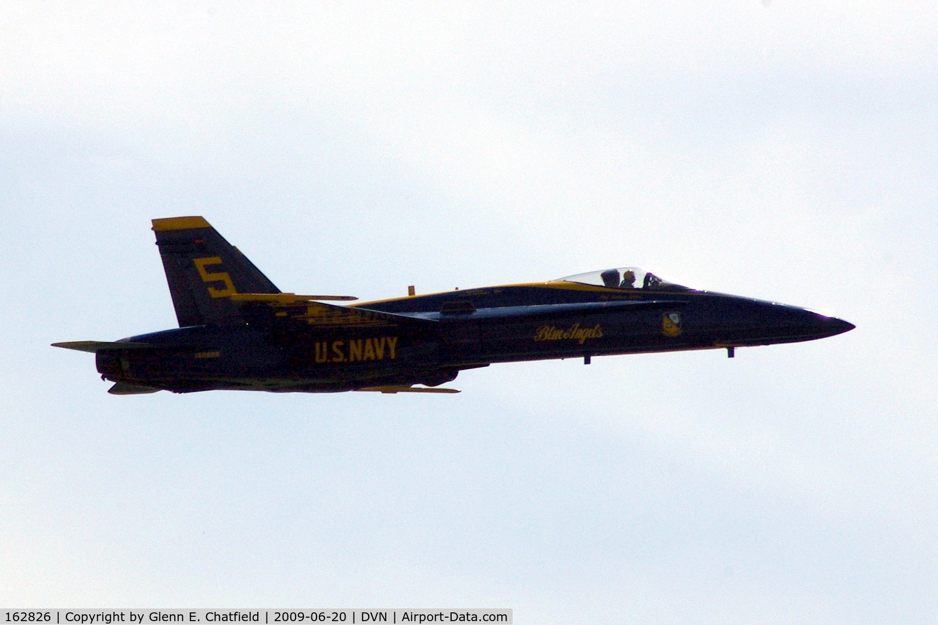 162826, McDonnell Douglas F/A-18A Hornet C/N 0338/A282, Blue Angel 5 at the Quad Cities airshow.  I'm shooting into the sun -argh!