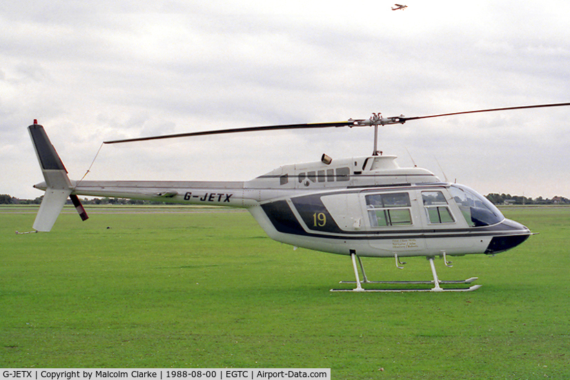 G-JETX, 1981 Bell 206B JetRanger III C/N 3208, Bell 206B. At Cranfield Airfield, Beds, UK in 1988.