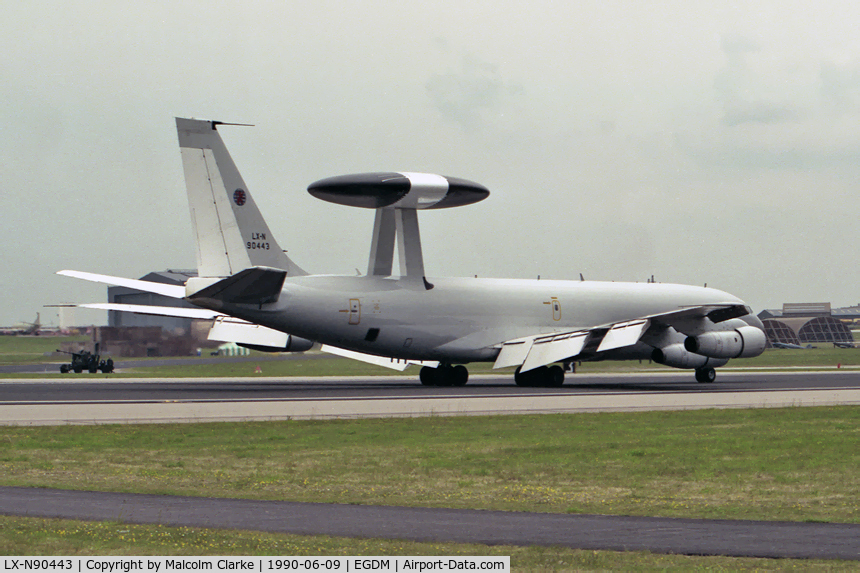 LX-N90443, 1981 Boeing E-3A Sentry C/N 22838, Boeing E-3A Sentry.  In less than ideal weather conditions at Boscombe's Battle of Britain Air Show in 1990.
