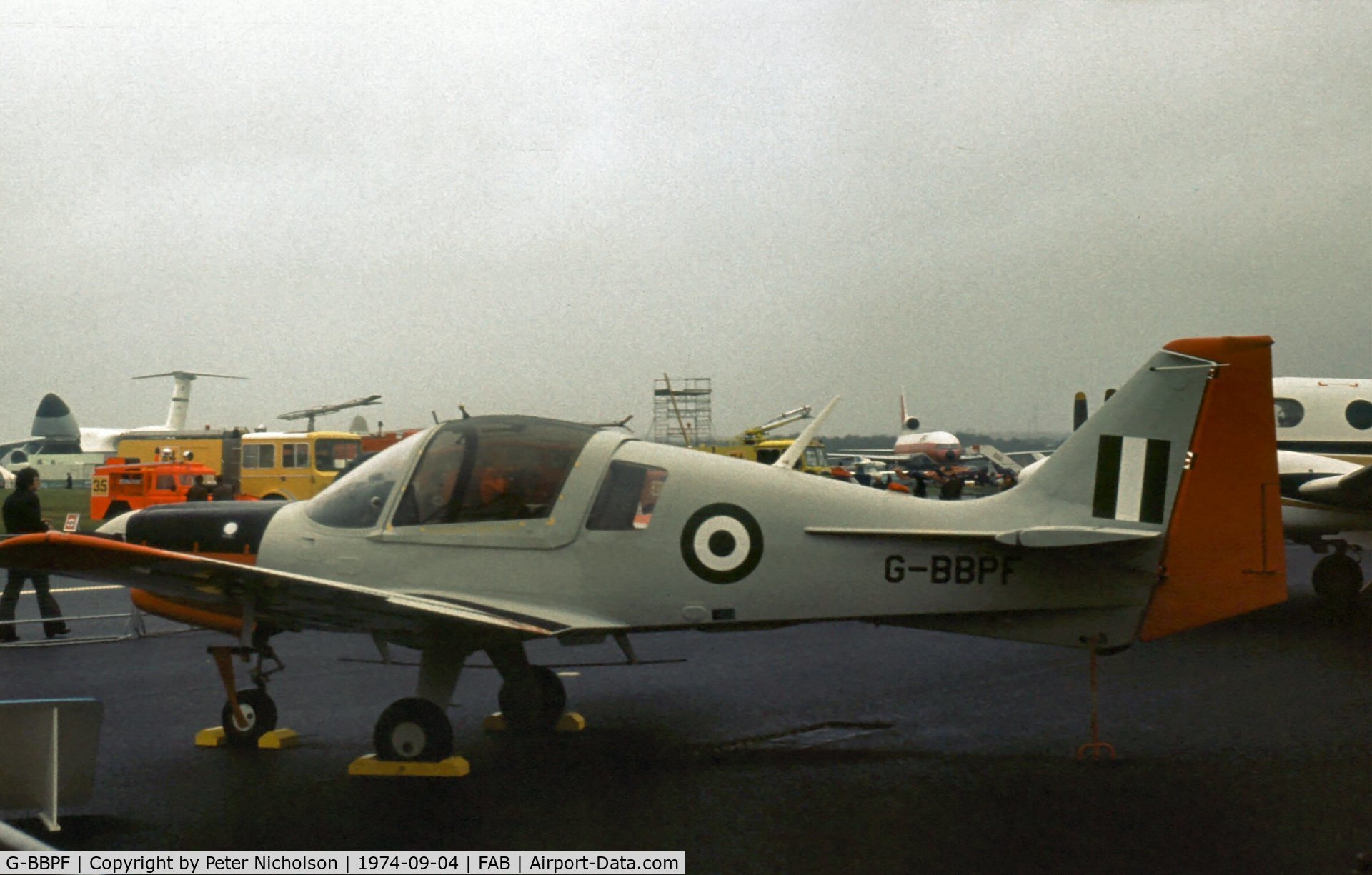 G-BBPF, 1974 Scottish Aviation Bulldog Series 120 Model 123 C/N BH120/282, This Bulldog 125 for the Nigerian Air Force was displayed at the 1974 Farnborough Airshow.