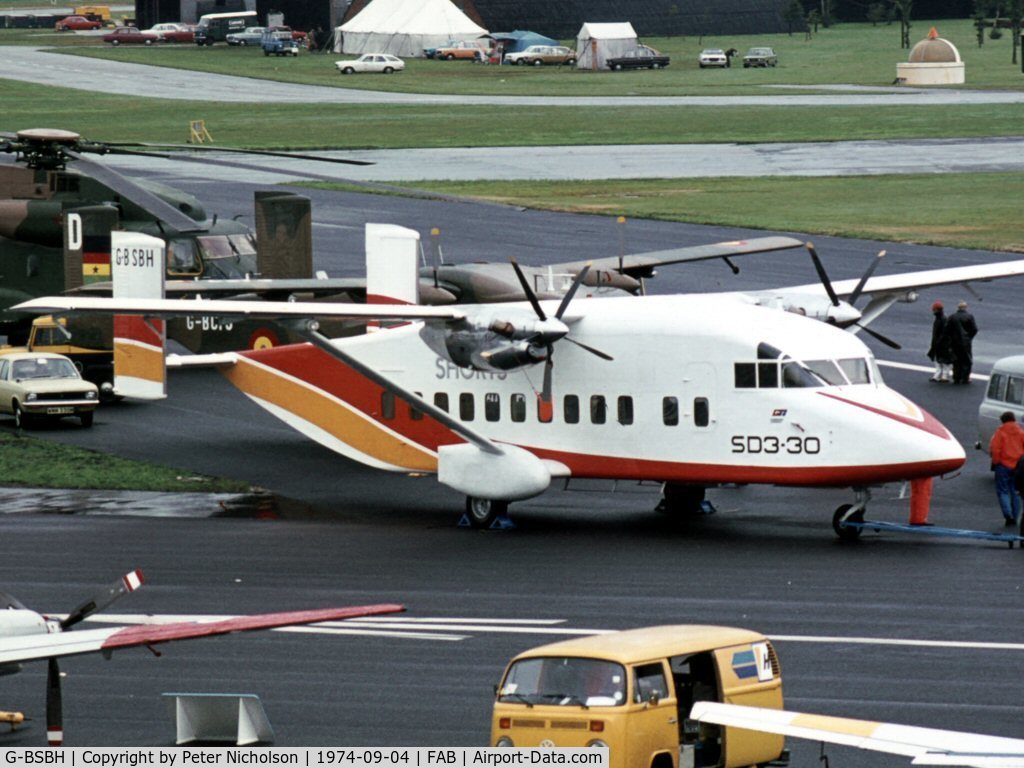 G-BSBH, 1974 Short 330 C/N SH.3000, Shorts demonstrated their SD3-30 prototype at the 1974 Farnborough Airshow - the first flight was taken on August 22, 1974.