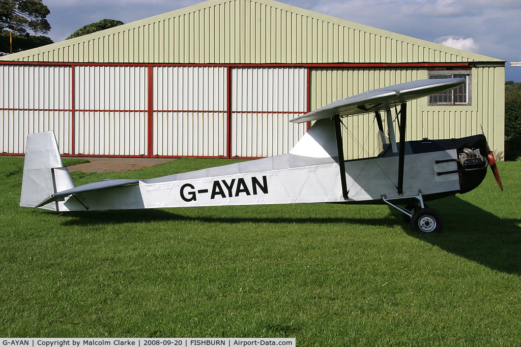 G-AYAN, 1970 Slingsby Cadet Motor Glider III C/N PFA 1385, Cadet III Motor Glider at Fishburn Airfield, UK in 2008. A 'Martins Conversion' (after Peter Martin) of a Slingsby T-31 Cadet Mklll Glider consisting of the removal of the front cockpit and addition of a fuel tank and the mounting of a 1600cc VW engine.