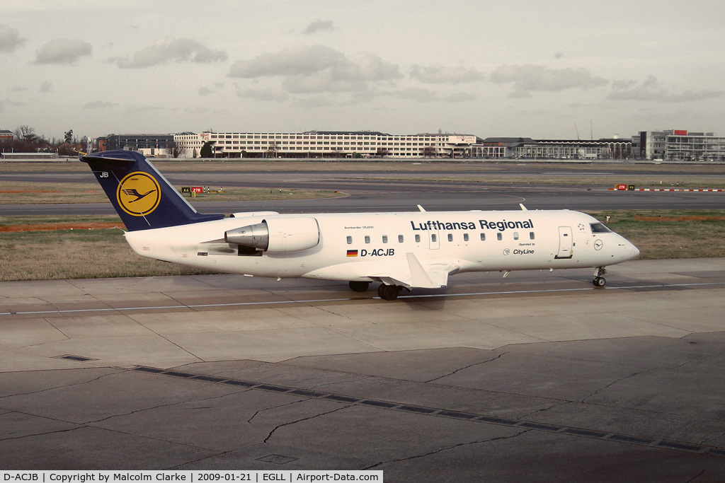 D-ACJB, 1996 Canadair CRJ-100LR (CL-600-2B19) C/N 7128, Canadair CL-600-2B19 Regional Jet CRJ-200ER at Heathrow Airport, UK.